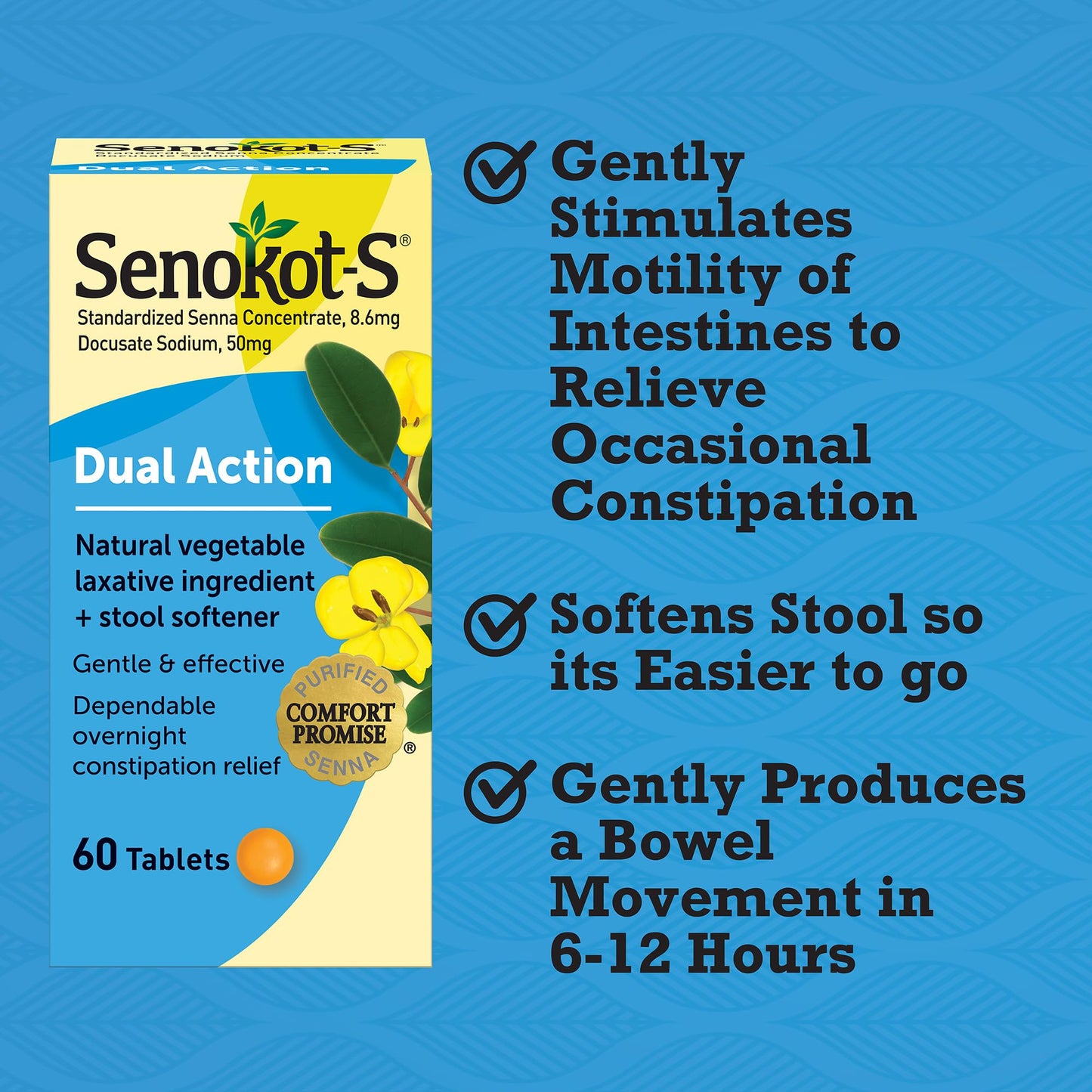 Senokot-S Dual Action Natural Vegetable Laxative Ingredient Plus Stool Softener Tablets, Docusate Sodium, Senna Concentrate, Gentle, Overnight Relief From Occasional Constipation, 60 ct