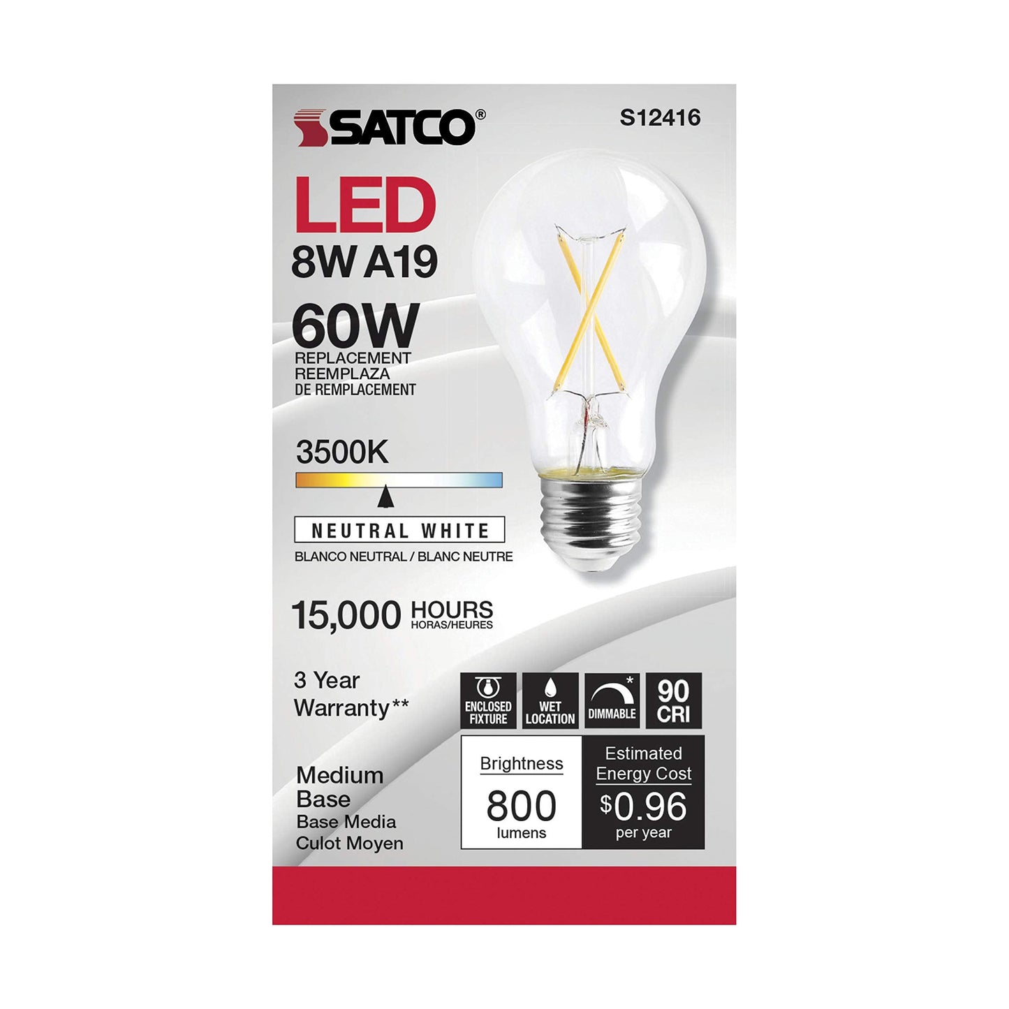 Satco S12416 Led A19 Warm White Light Bulbs, 8 Watt, 6 Pack, Glass, 3500K, E26