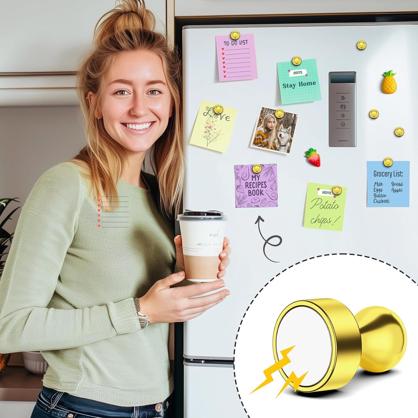 FINDMAG Fridge Magnets, Heavy Duty Aesthetic Refrigerator Magnets, Strong Small Magnetic Push Pins for Whiteboard, Cool Gold Locker Magnet for Office, Kitchen, Classroom, Home Decor, Pack of 42