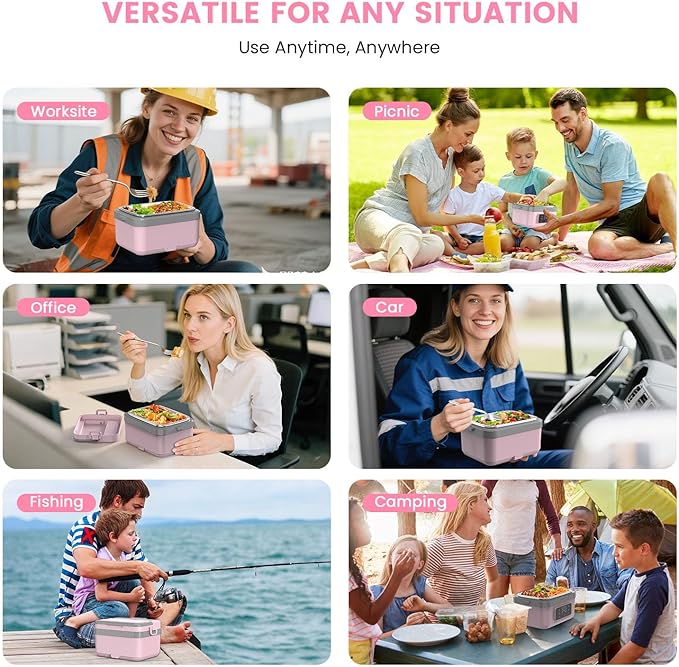 Electric Lunch Box For Adults - Rechargeable 75W Self-Heating Food Warmer with 6.3 Cups(1.5L) Stainless Steel Container, Heated Lunch Box For Office, Picnic, Car & Outdoor Use(Pink)