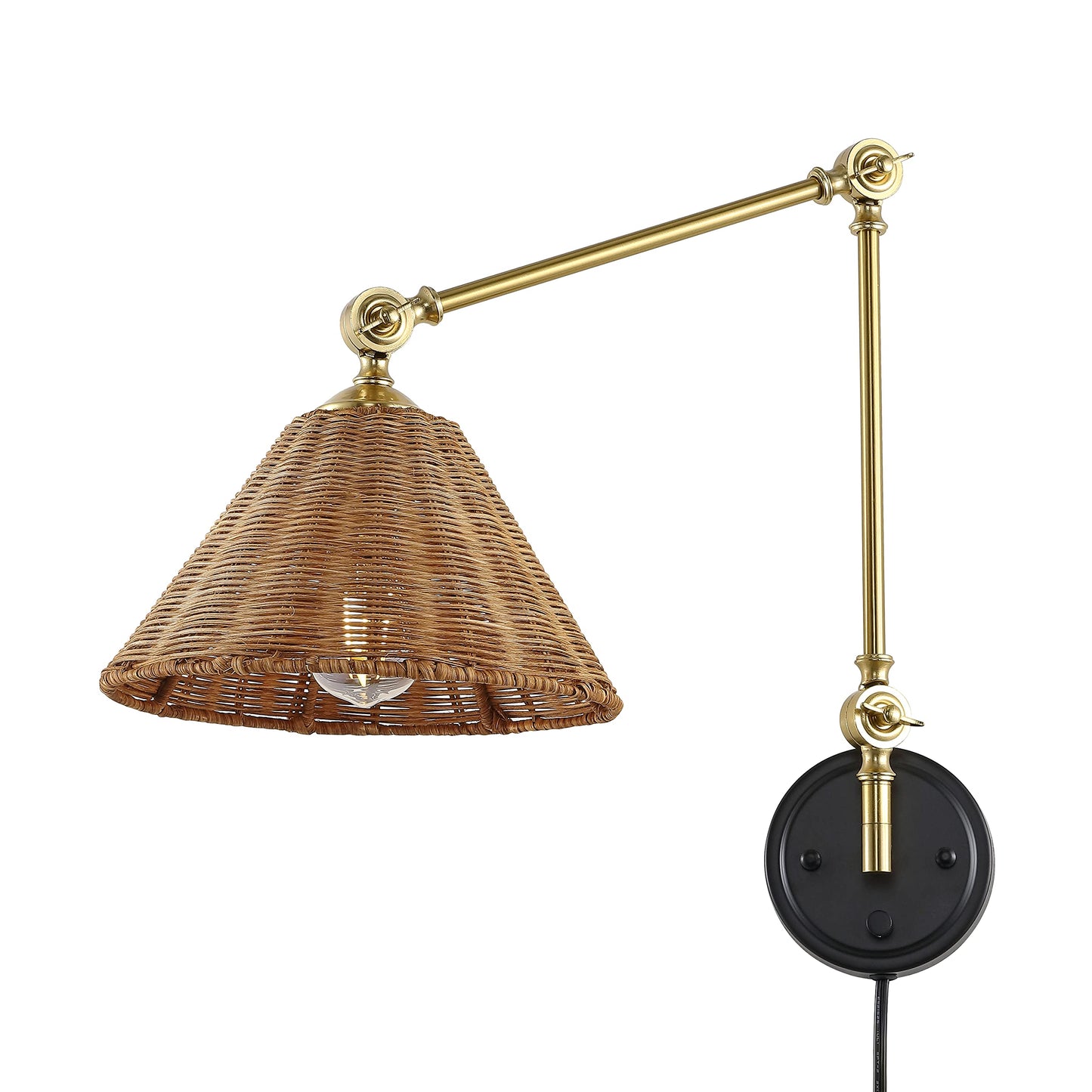 Wingbo Wall Sconce - Adjustable Rattan Wrapped Lamp, Brass & Wicker Shade, Gold/Black, Vintage Design, Plug-In Or Hardwire