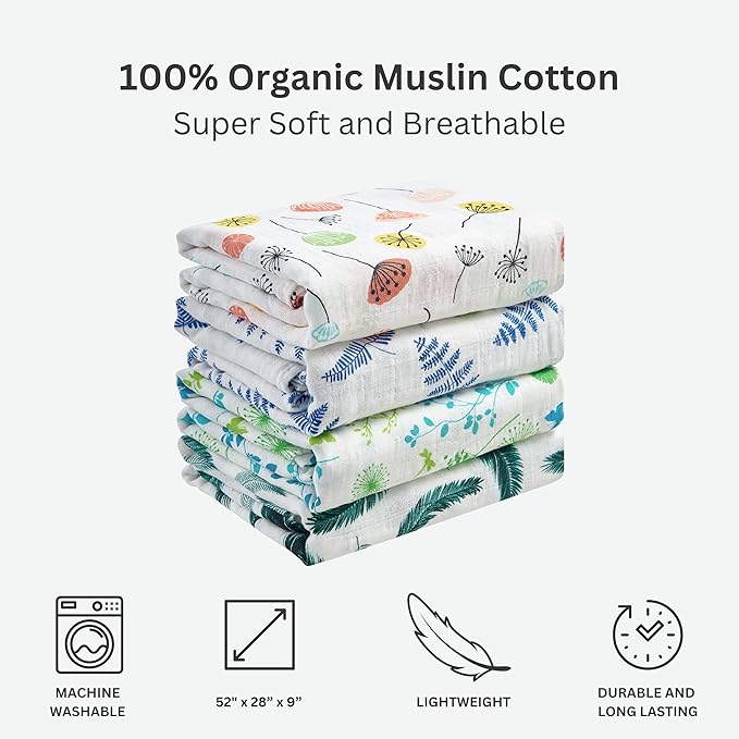 Margaux & May Organic Muslin Cotton Baby Crib Sheet, Green Feather Print, Fitted, Breathable, Toddler Bedding, 52 x 28, Deep Pocket, Organic Crib Sheets for Cozy Sleep