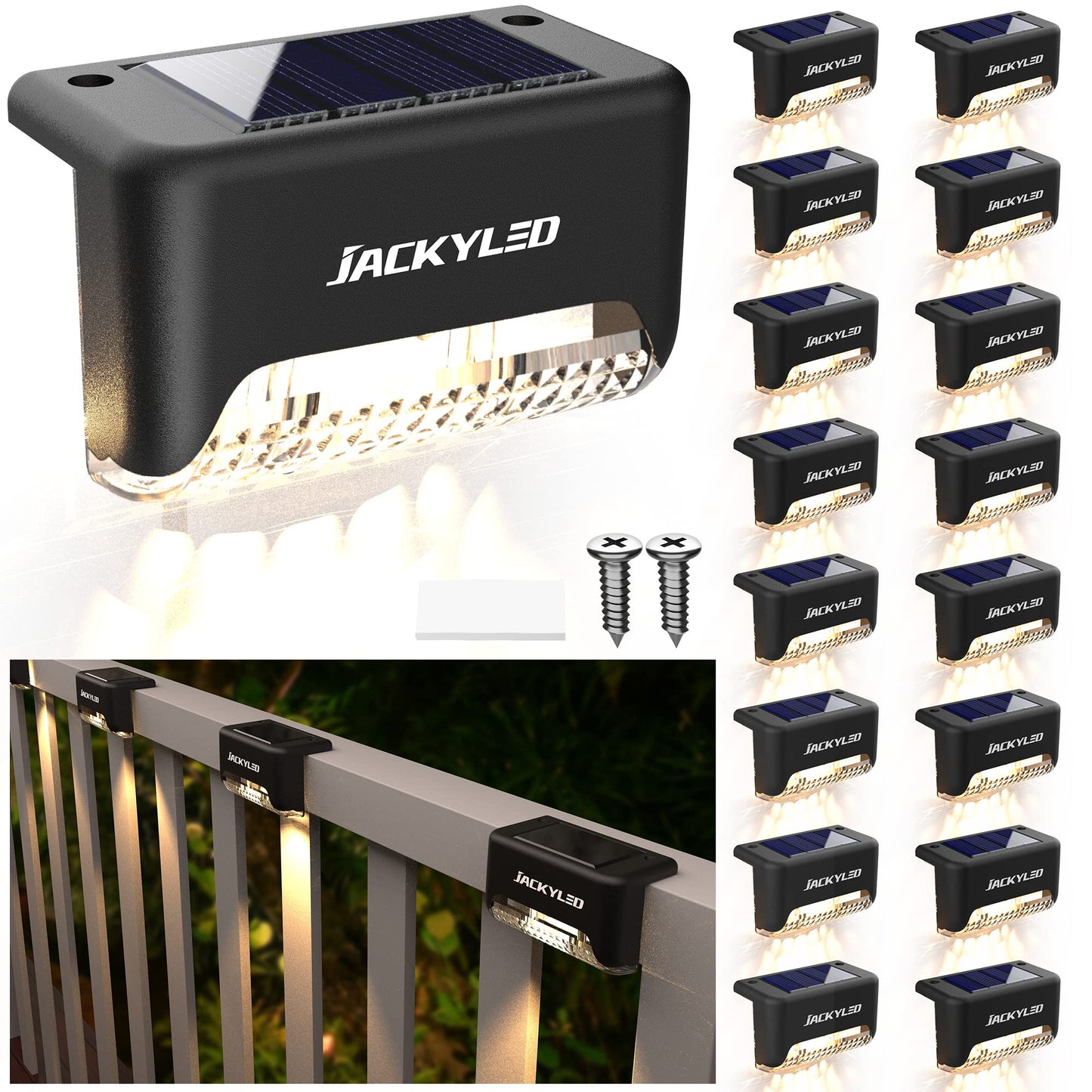 JACKYLED LED Solar Step Lights, Waterproof Outdoor Fence Light, 16 Pack, Warm White, Model JACKYLED741, for Deck Stair Railing Decor