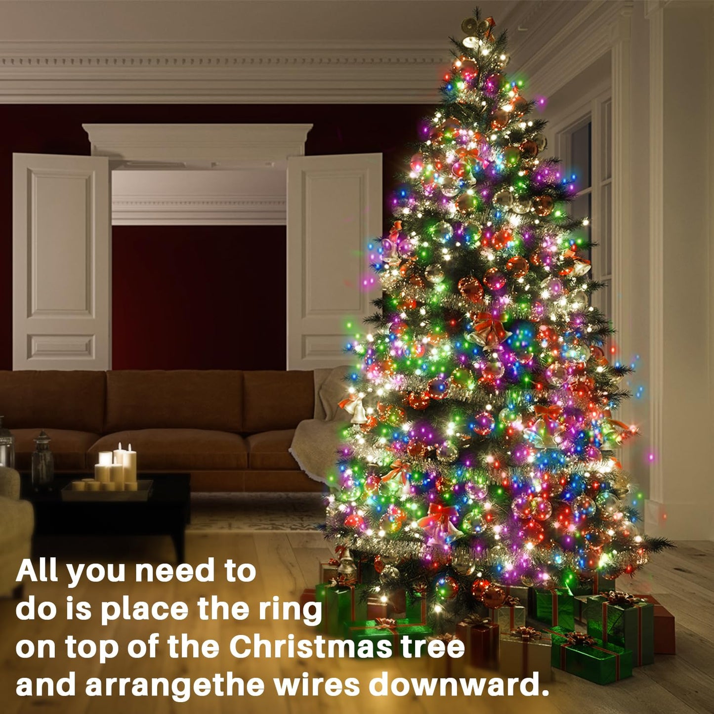 Christmas Tree Lights With Ring 9.9Ft 16 Line 544 Led Green Wire Fairy Waterfall String Light Plug In Dimmable Cascading Twinkle Lights With 8 Lighting Modes For Indoor Outdoor Xmas Tree(Multicolor)