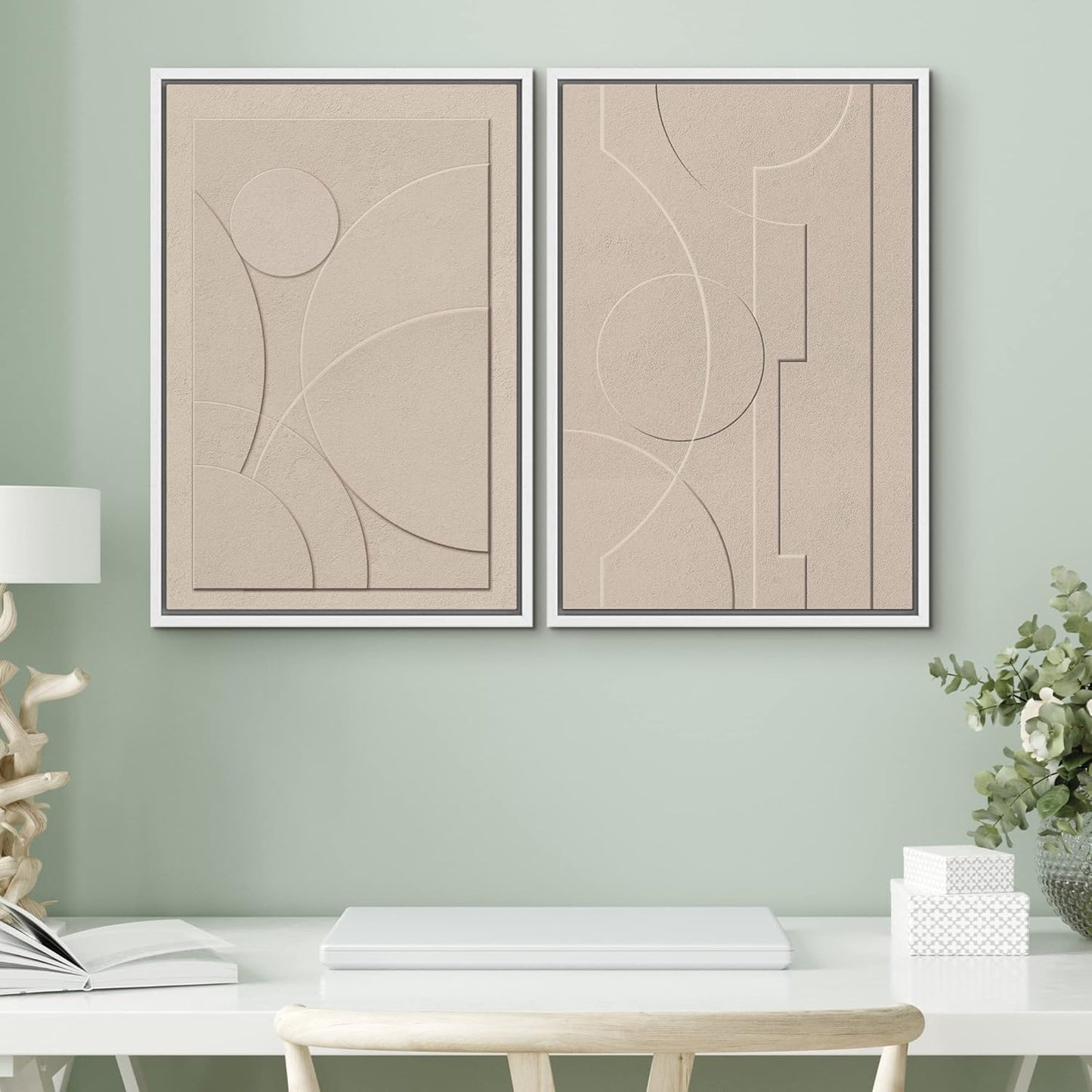SIGNWIN Framed Canvas Print Wall Art Set Art Deco Geometric Polygon Collage Abstract Shapes Illustrations Minimal Decorative Boho Nordic Relax for Living Room, Bedroom, Office - 24"x36"x2 White