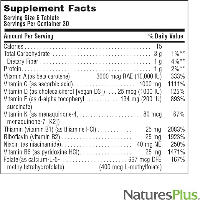 Natures Plus Source of Life No Iron - 180 Mini-Tabs - Multivitamin & Mineral Supplement - Supports Natural Energy & Overall Well-Being - Gluten Free, Vegetarian - 30 Servings