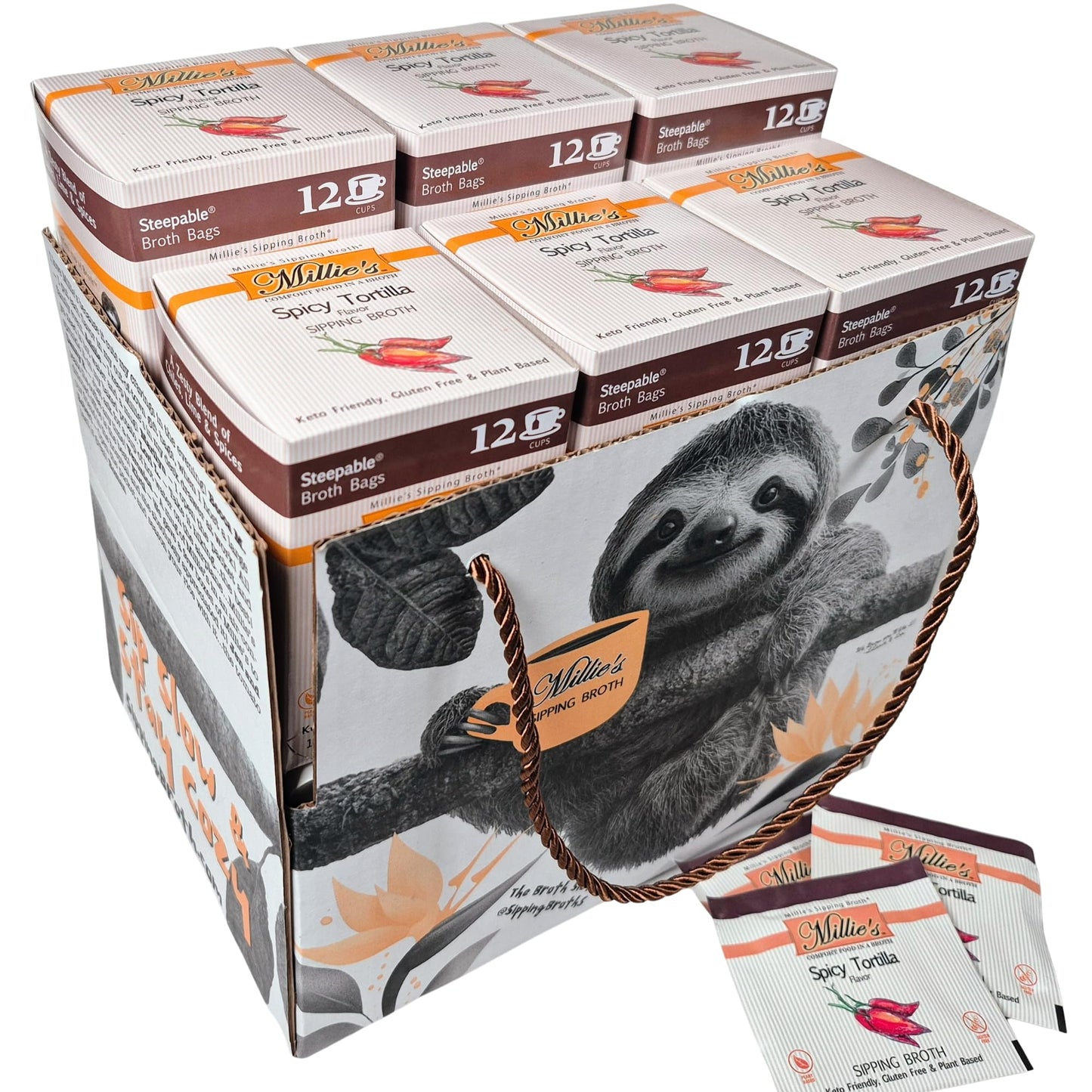 MILLIES SPICY TORTILLA SIPPING BROTH| Vegetable Broth with Savory Seasonings for Snack Urges | Vegan  Keto  Gluten Free  Intermittent Fasting  and natural | (6 Pack - 72 Broth Bags Total)
