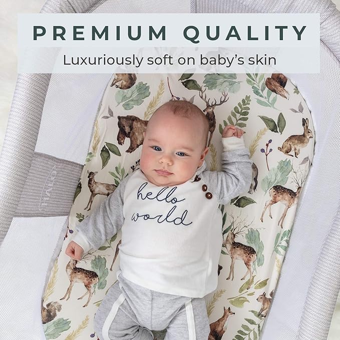Pobibaby - 2 Pack Premium Bassinet Sheets for Standard Bassinets - Ultra-Soft Cotton Blend, Stylish Woodland Pattern, Safe and Snug for Baby (Wildlife)