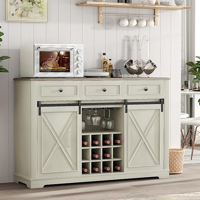 Farmhouse Wine Bar Cabinet with Storage, Liquor Cabinet with Rack for Inside Cabinet, Coffee Bar Cabinet with Sliding Barn Door, Buffet Table for Kitchen, Living Room, 54 Inch (Antique White)