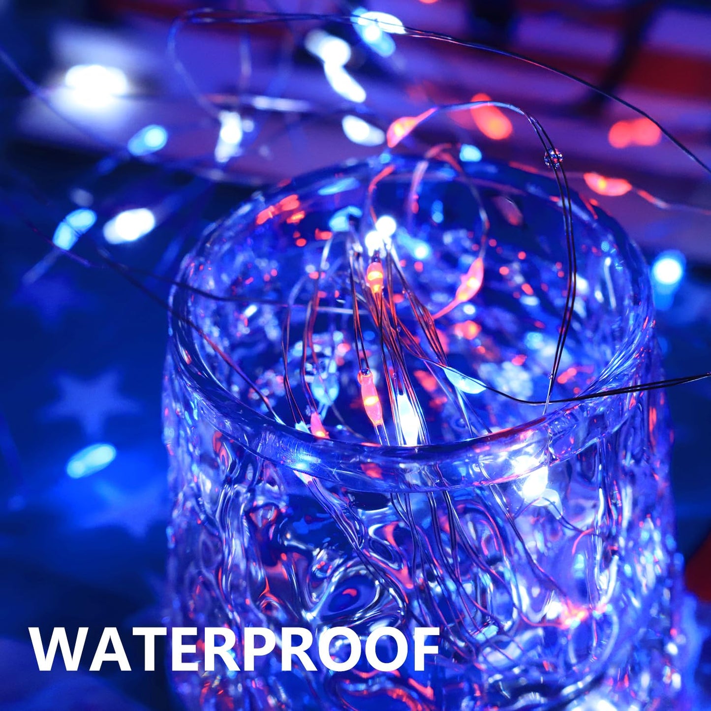 Curyidy Fairy Lights, 100LED Copper String Lights, Battery Operated, Remote Control, Red White Blue, 4 Pack