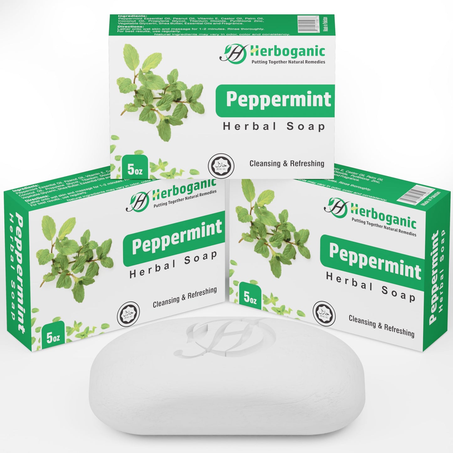 HERBOGANIC Peppermint Herbal Soap | Pack of 3 of 5oz soap Bar | Natural Bar Soap for Face and Body | Hydrating and Nourishing |