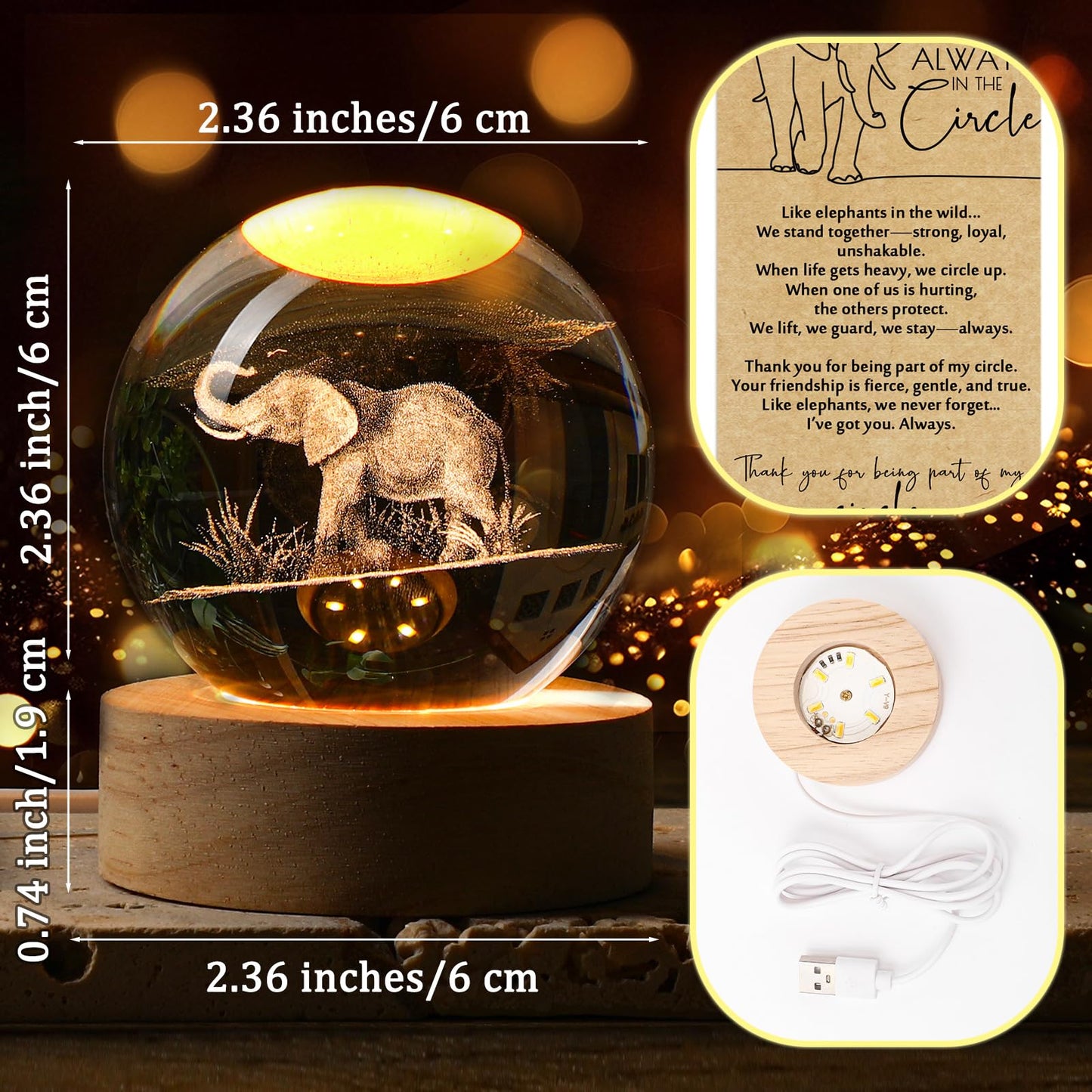 Jetec 10 Sets Thanksgiving Elephant Crystal Ball Night Lamp 3D Elephant Friendsgiving Gift  Light With Wood Base Friendship Card Best Friend Decor Gift For Long Distance Bff Women Christmas Birthday