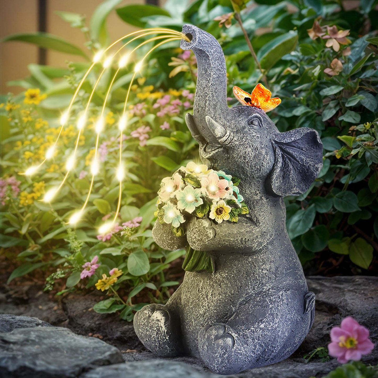 Chlinhuoho Solar Garden Elephant  Lights Watering Decor  Animal Statue Outdoor  Fairy Garden Accessories Patio Yard Balcony Decorations  Lawn Ornament  Housewarming  Birthday Mothers Day Mom Gifts