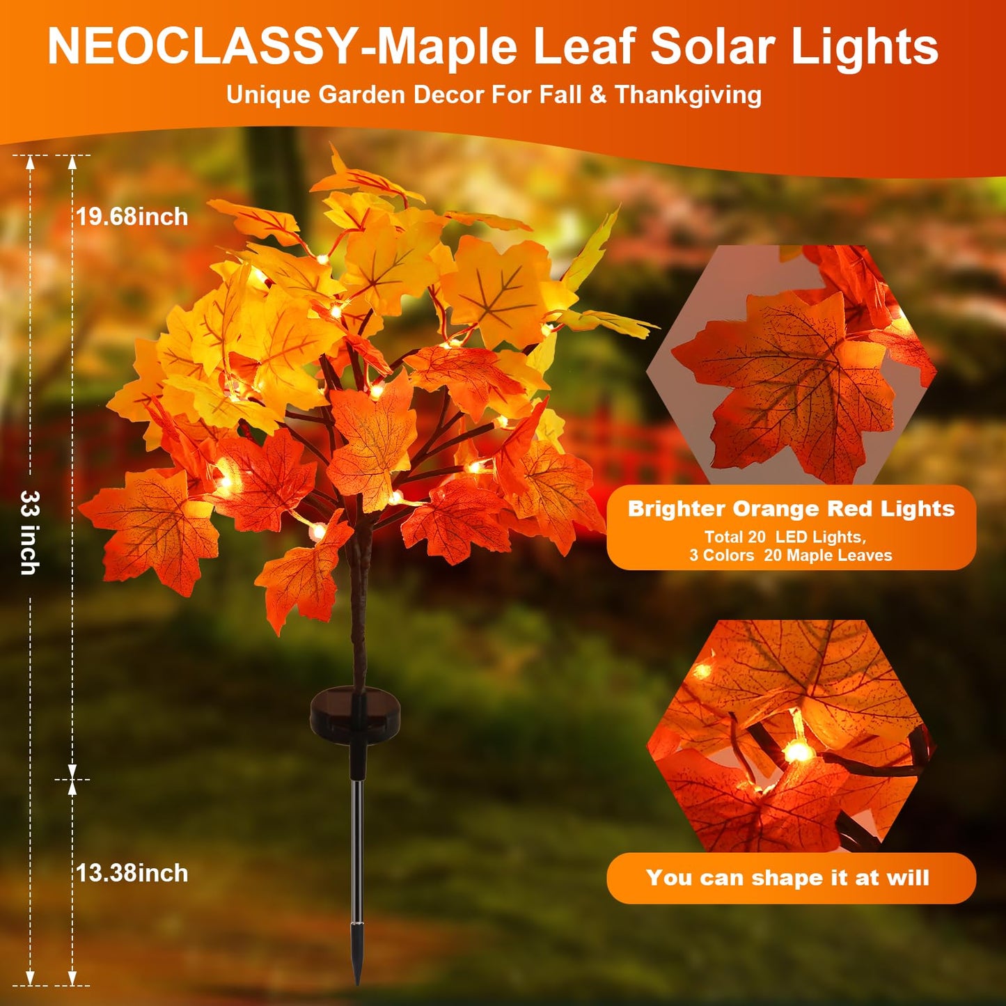 2Pack Fall Solar Lights Outdoor Decorative  Waterproof 40Led Orange Fall Lights With 80 Maple Leaves Path Lights  Solar Lights For Fall Autumn Patio Garden Halloween Thanksgiving Decorations