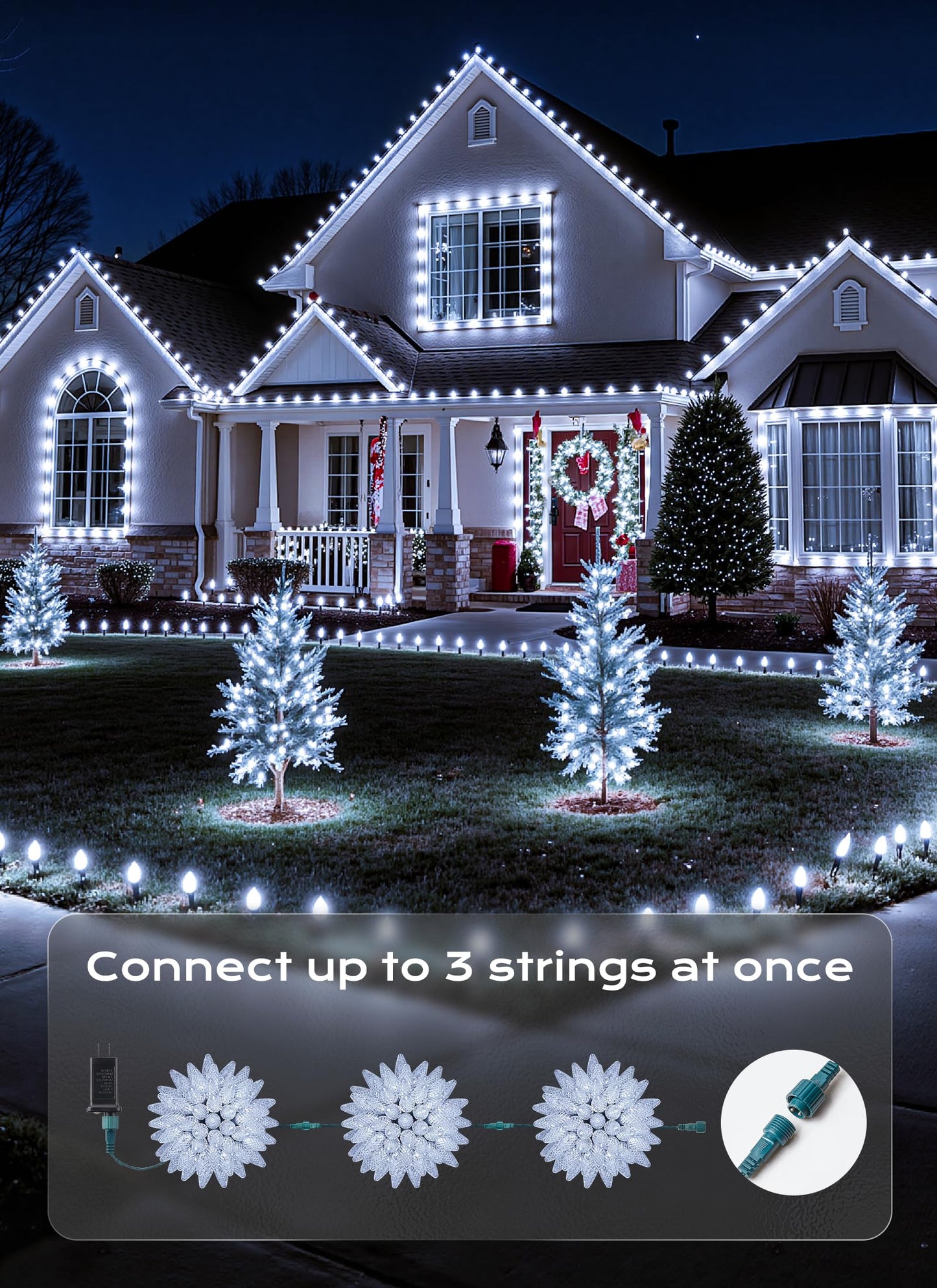 C9 Led Christmas Lights Outdoor  33 Ft 50 Led C9 String Lights  8 Modes & Timer Connectable Waterproof For Christmas Tree Light Indoor Outdoor Roofline Patio Outside Garden Yard Xmas Decoration  White