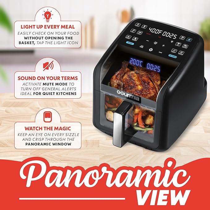 Gourmia Air Fryer 7 QT - Easy View Panoramic Window & Interior Light, Guided Cooking with 12 One-Touch Presets, FryForce 360, Dishwasher Safe Accessories, Black