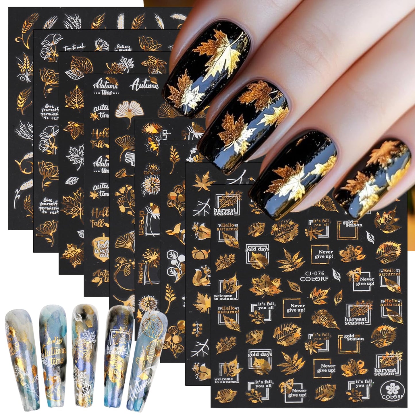 9 Sheets Bronzing Fall Nail Art Stickers 3D Glitter Metallic Maple Leaf Nail Stickers Autumn Laser White Gold Leaves Flower Nail
