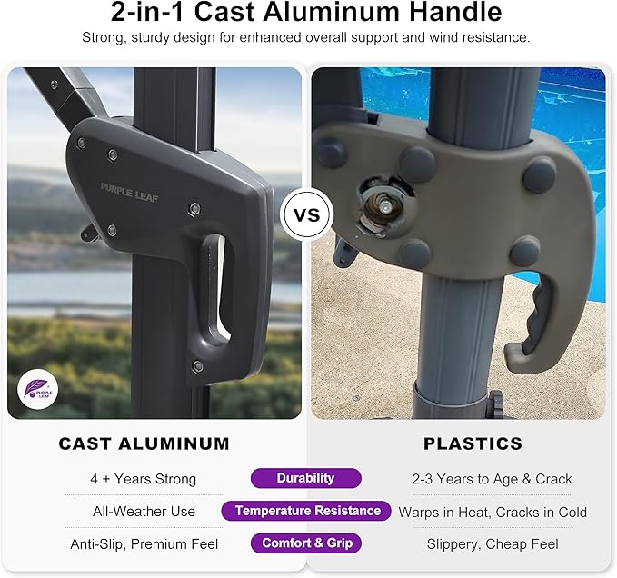 PURPLE LEAF 10' X 13' Patio Umbrella Large Rectangle Outdoor Aluminum Cantilever Umbrella with 3-Year Fade Resistance Recycled Fabric and 360-degree Rotation for Deck Pool Garden, Pebble Grey