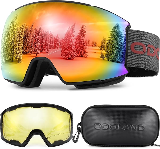 Odoland Magnetic Interchangeable Ski Goggles Set with 2 Lens, Anti-Fog UV Protection Snowboard Snow Goggles for Men Women