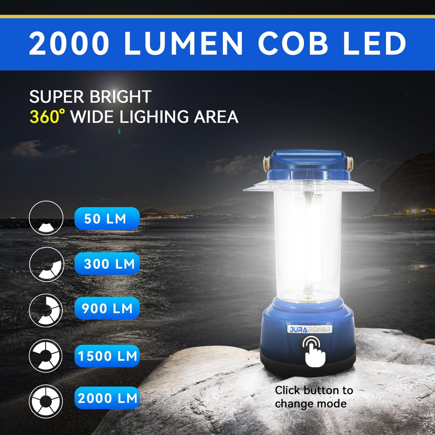 Durapower Led Camping Lantern Rechargeable  Bright 2000 Lumen  5 Modes  4000 Mah Power Bank  Ip44 Waterproof Lantern For Hurricane  Emergency  Power Outages  Home