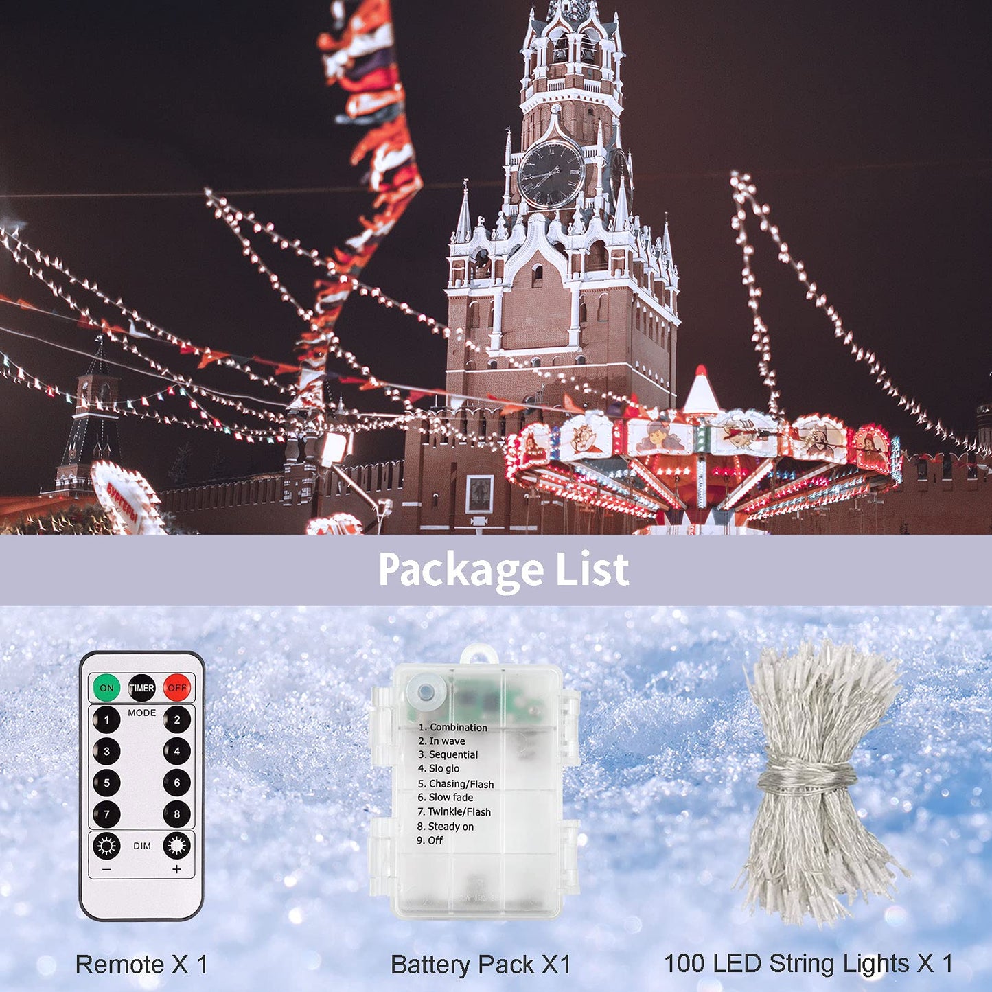 Echosari Outdoor Led Fairy String Lights, 100 Battery Operated Lights, Remote Dimmable, Timer, 8 Modes, Cool White, 1 Pack