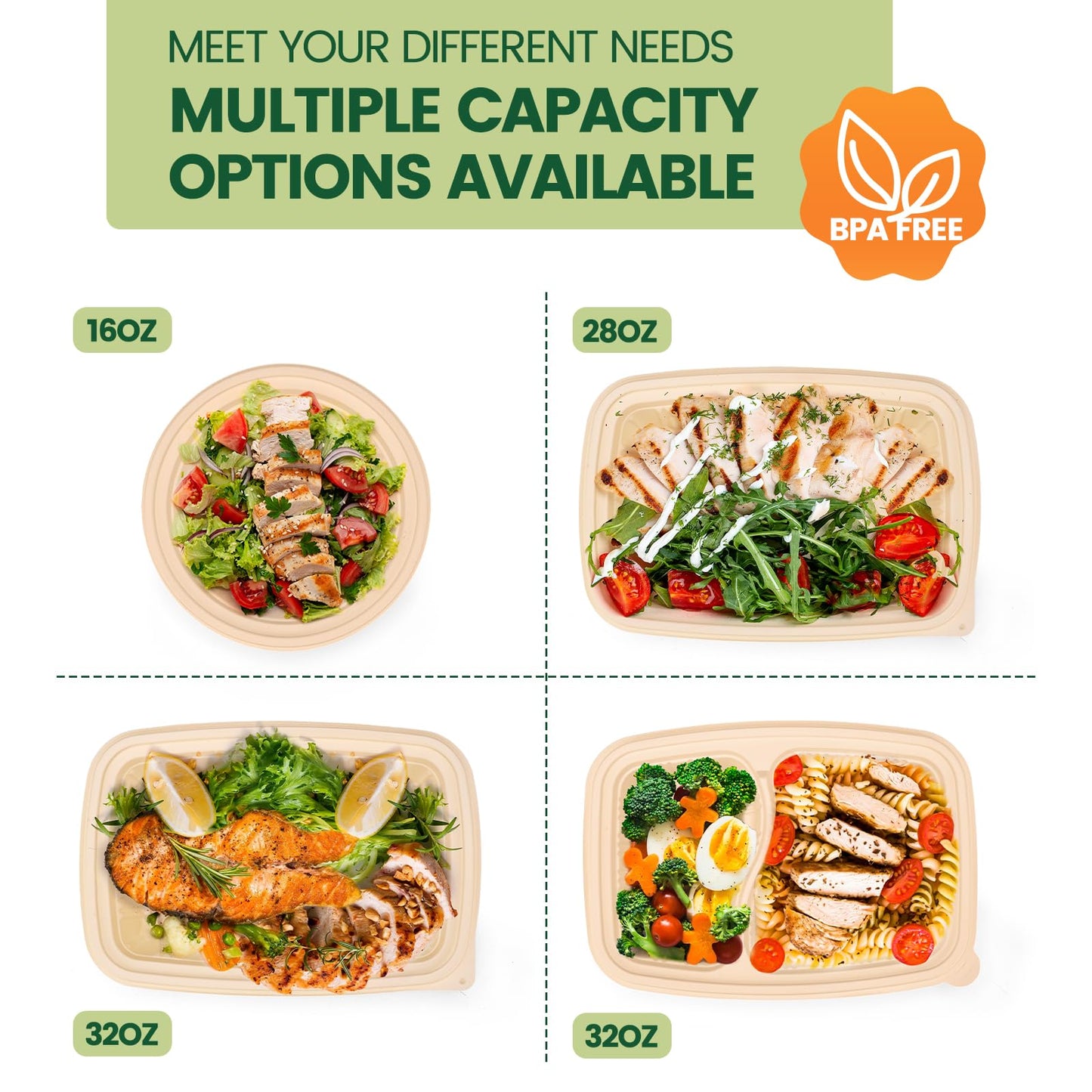 100 Piece (50 Pack) Meal Prep Containers with Lids, 28 oz Cornstarch Food Storage Containers Plant-based Lunch Box for Salad,BPA Free Plastic Take Out Containers Microwave and Freezer Safe