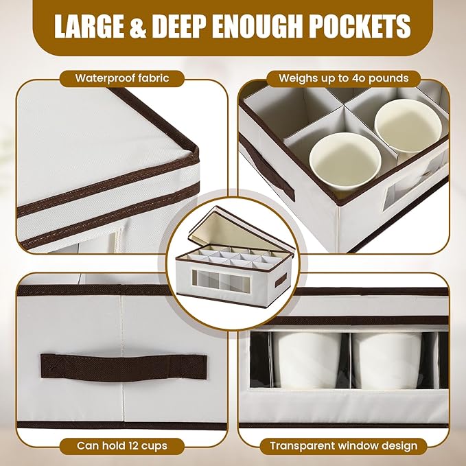Uiifan 4 Pcs Mug 4 Pcs Champagne Flute Storage Box with Dividers 12 Compartment Stemware Storage Cases China Container Box with Lid, Handles, PVC Window for Moving, Beige