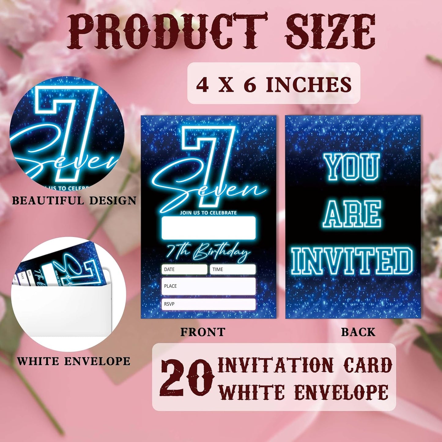 SIXEIGHT Blue 7th Birthday Invitations for Boys, Neon Glow Party Invitations for Girls Kids, 20 Pack Double Sided Invite Cards with Envelopes, 7th Glow Neon Birthday Party Decorations, 4x6 Inch-C07