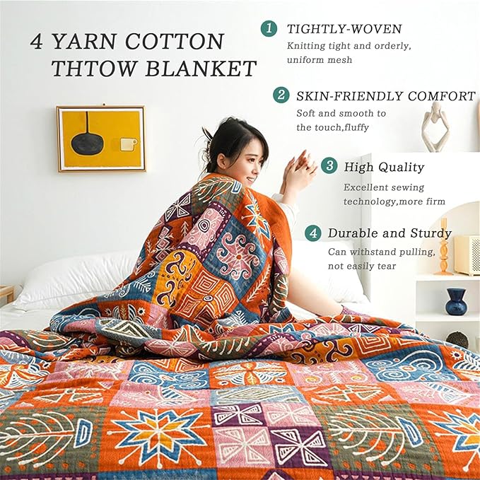 MSGKV Boho Throw Blanket King Size Christmas Blanket 100% Cotton Blankets for Couch Bed, Cotton Quilts Muslin Bed Blanket 90''x 98'' Cozy Pre-Washed Decor Gift for All Seasons