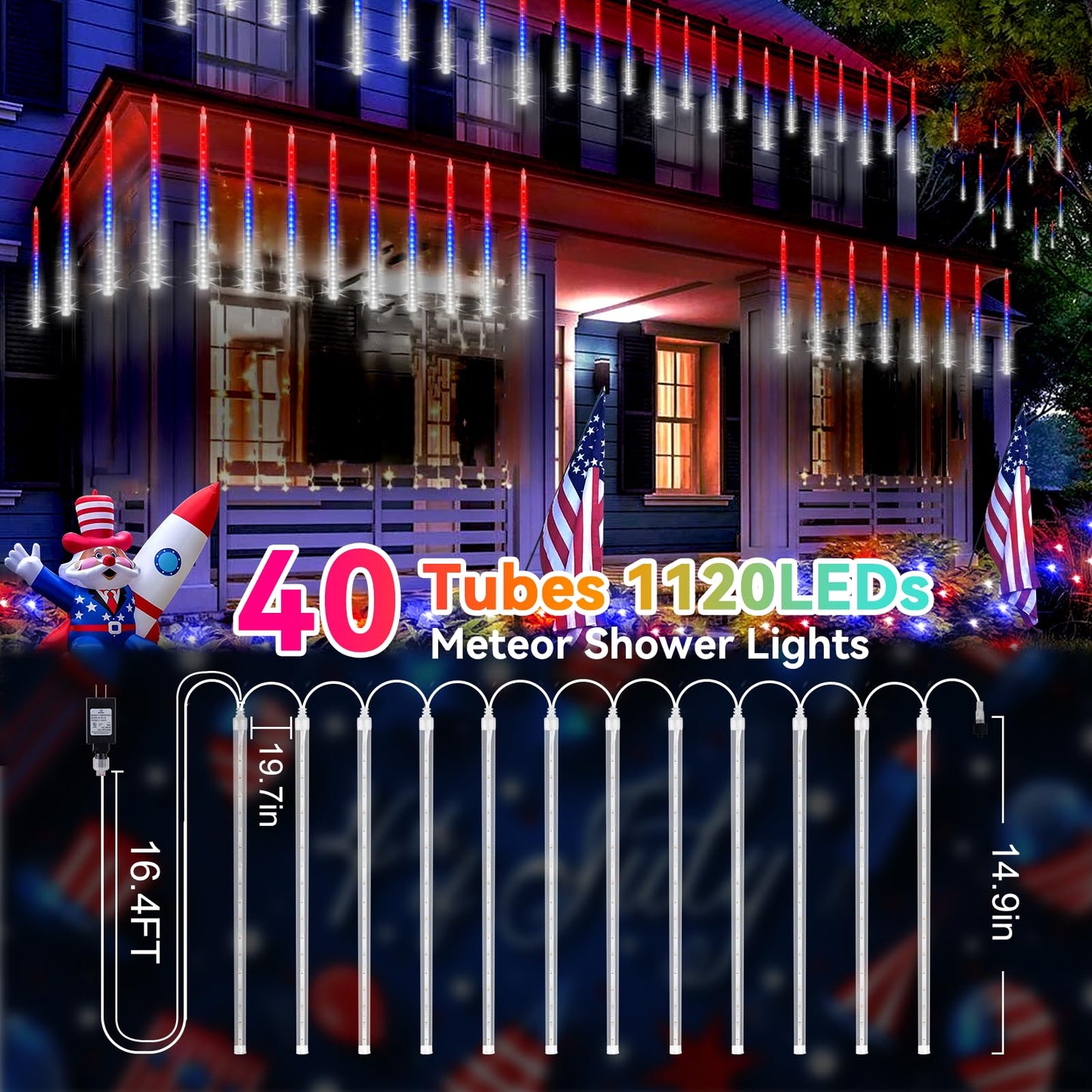 KNONEW 40 Tube LED Meteor Shower Lights, Red White Blue, Waterproof Outdoor Decor for 4th of July, Model KN-1000-LIG168-01