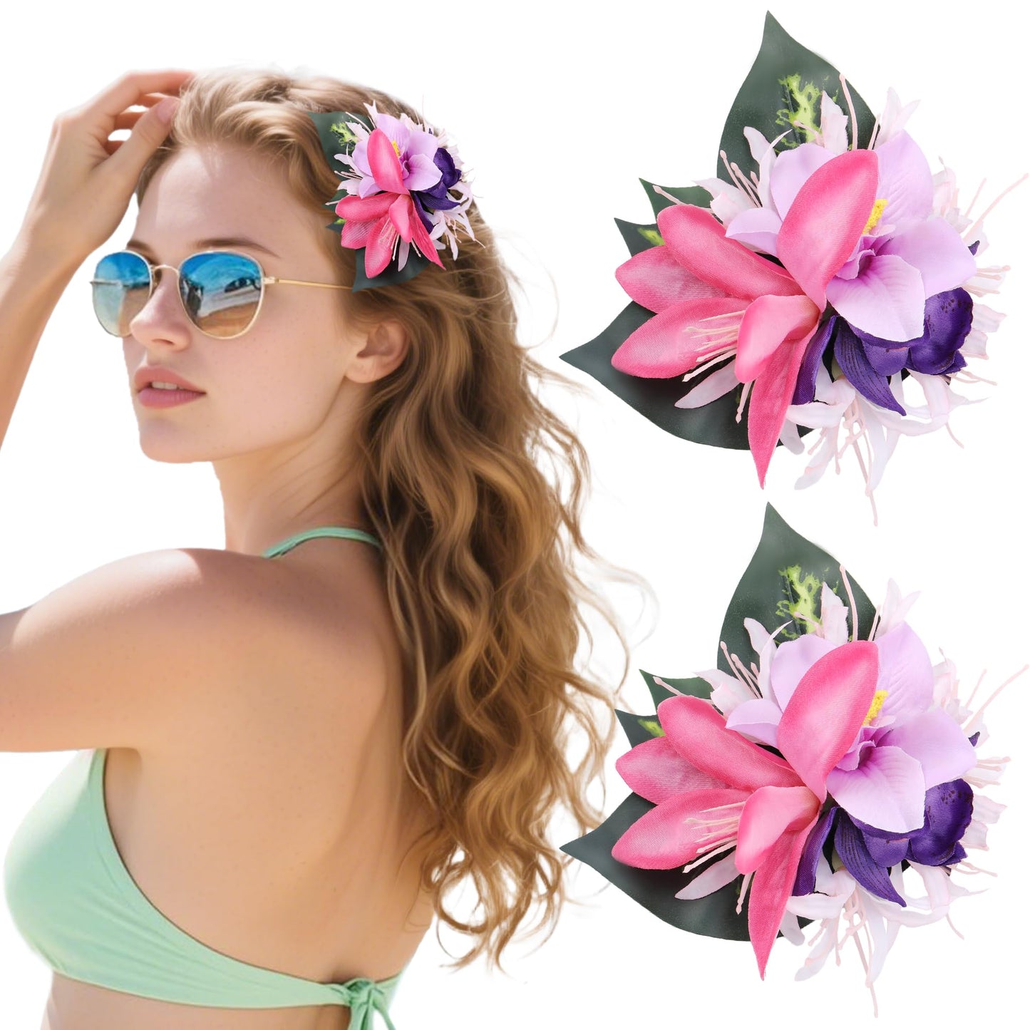Tropical Hawaiian Flower Hair Clips - 2 Pack Artificial Hawaii Orchid Hairpin Luau Party Costume Hair Accessories for Women Girl