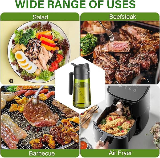 Vakoo 2 in 1 Oil Sprayer and Oil Dispenser for Kitchen - 16oz/470ml Light-Blocking Dark Glass Olive Oil Spray Bottle for Cooking, Air Fryer, Salad & BBQ (Black&White)