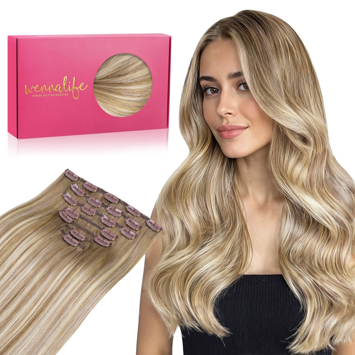 WENNALIFE Clip in Hair Extensions Real Human Hair, 16 Inch g 7pcs Balayage Dirty Blonde with Platinum Ends Remy Hair Straight Na