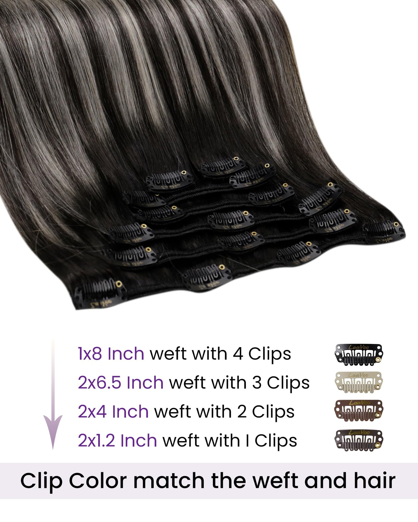 LaaVoo Real Hair Extensions Clip in Human Hair Ombre Natural Black to Silver Grey Mixed Black Balayage Human Hair Clip in Extens
