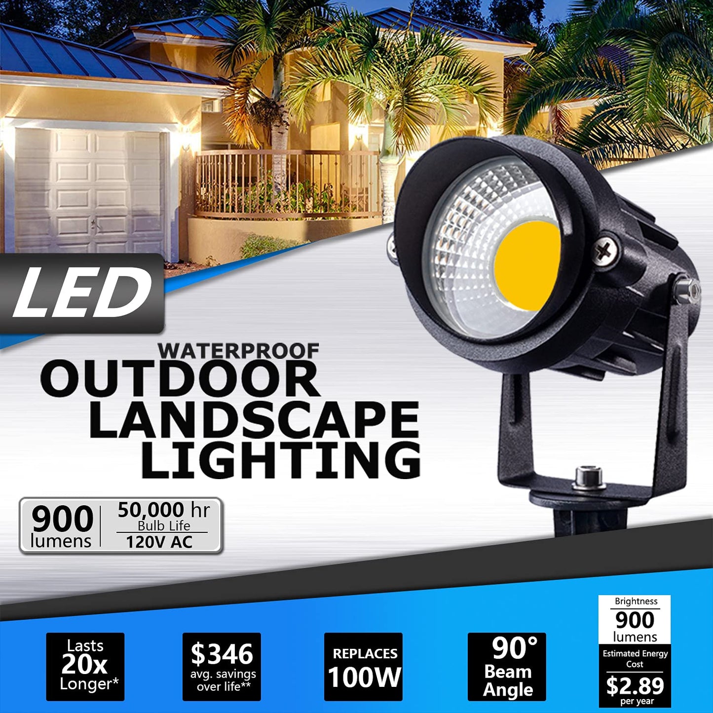 SUNVIE LED Outdoor Spotlight 12W Landscape Lights, Waterproof, Black, with Spiked Stake, 6 Pack