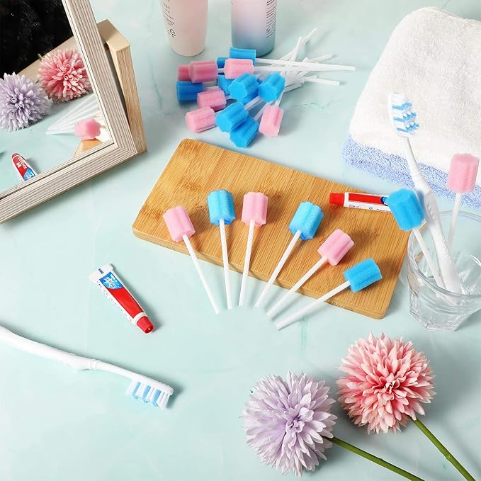300 Pieces Oral Swabs Disposable Mouth Swabs Sponge Dental Swabsticks Unflavored for Mouth Cleaning Oral Care Health, Pink and Blue (not Individual Packing)