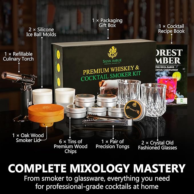 Silva Imbue Whiskey Smoker Kit with Torch – 6 Wood Chips, Oak Lid, Glasses, Ice Molds, Bar Tools & Recipe Book – Whiskey & Bourbon Cocktail Smoker Set