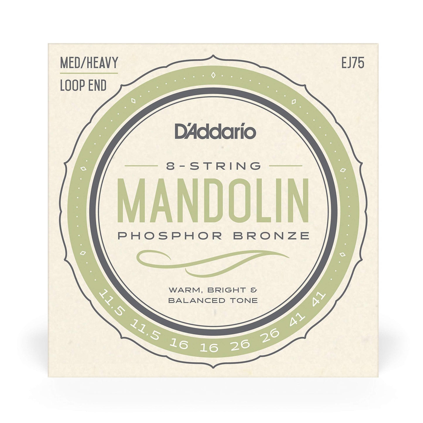 Daddario Mandolin Strings, Phosphor Bronze, Ej75, Medium/Heavy Gauge 11.5-41, 8-String Set, Pack Of 1
