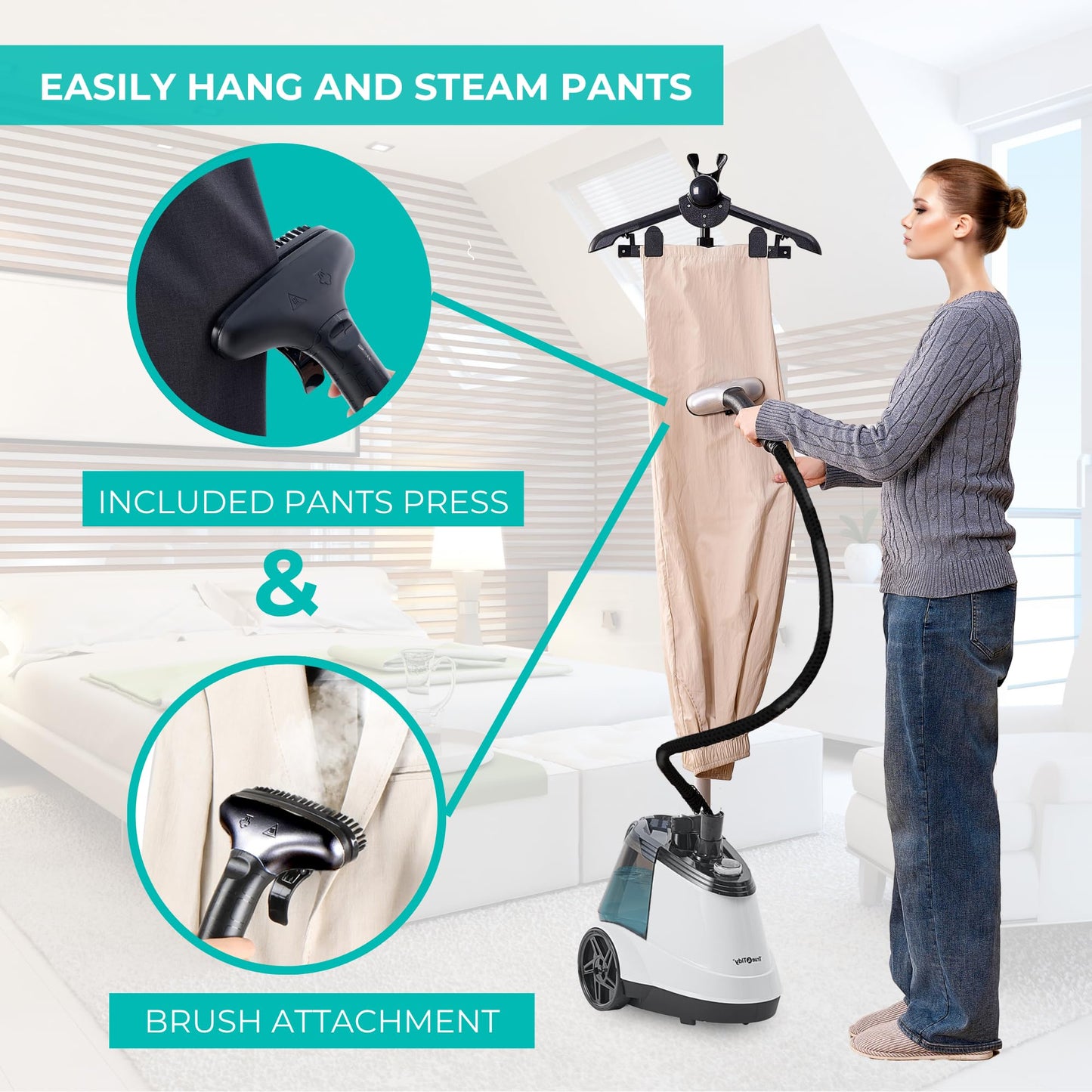 True & Tidy® Commercial Garment Steamer – Heavy Duty 1800W for Home & Commercial Use, 90+ Min Continuous Steam, Large 2.9L Tank, Wheels (X5A White Auto-Off, Smart Commercial Garment Steamer)