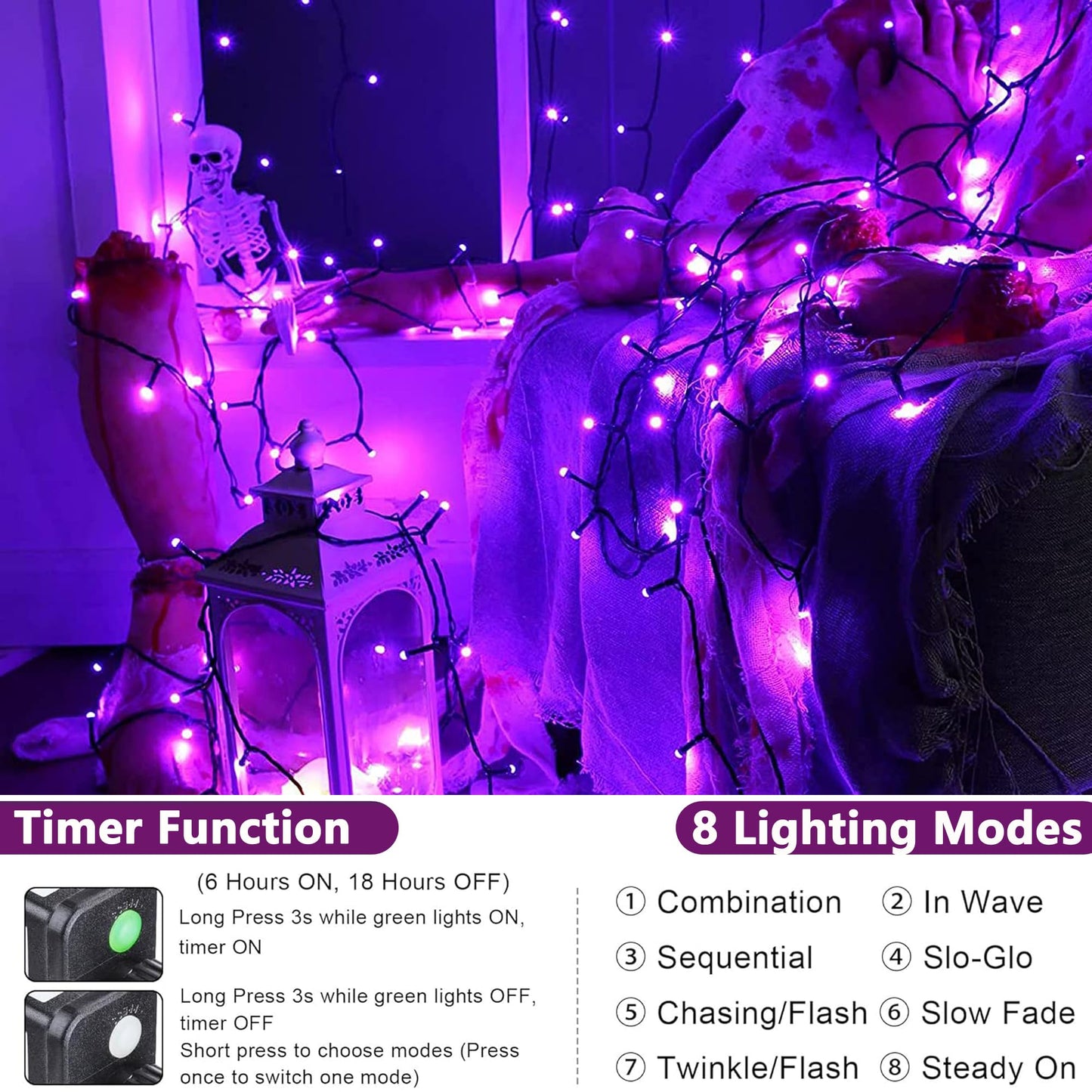 Joomer Purple Halloween Lights  100Ft 300 Led String Lights With 8 Modes Timer Waterproof Plug In Indoor Outdoor String Light For Halloween Decorations