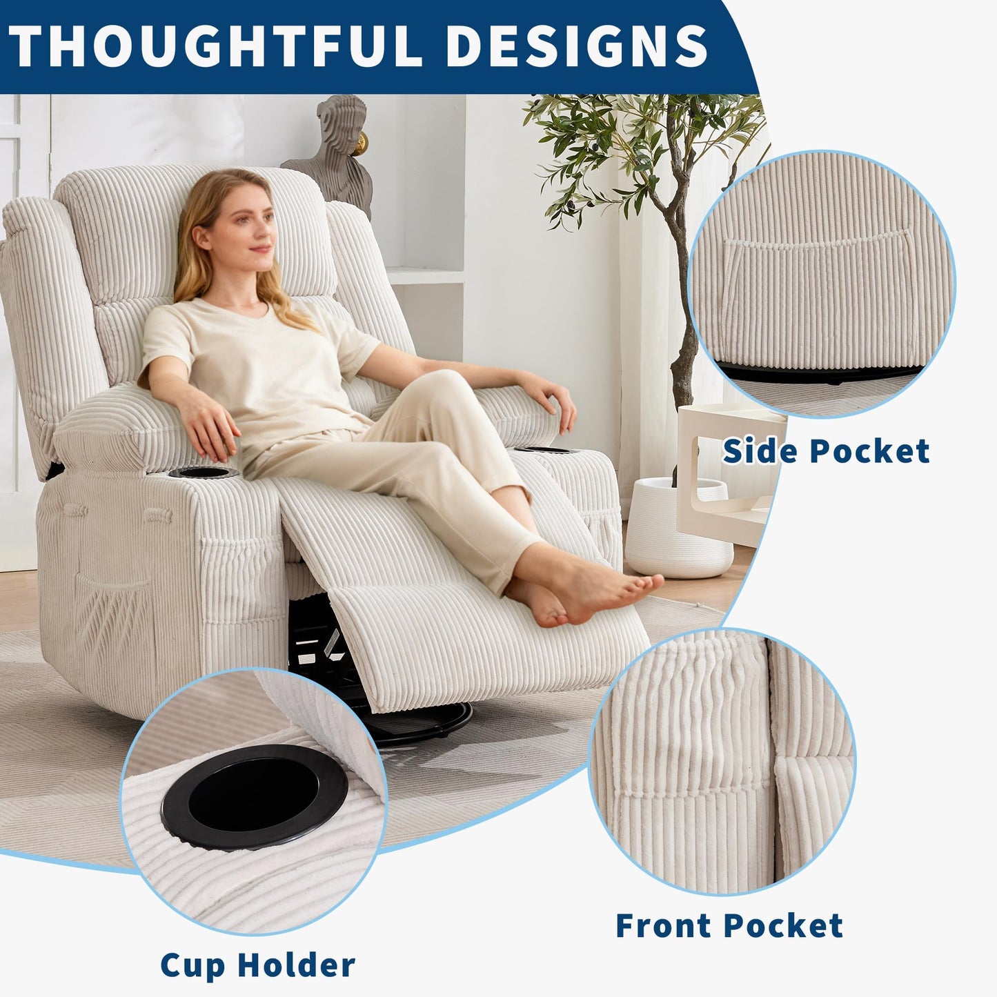 Rocking Recliner Chair for Adults Wide 360° Swivel Rocker Recliner with Cup Holder Nursery Glider with Upholstered Deep Seat Corduroy Lazy boy Chair for Living Room Beige