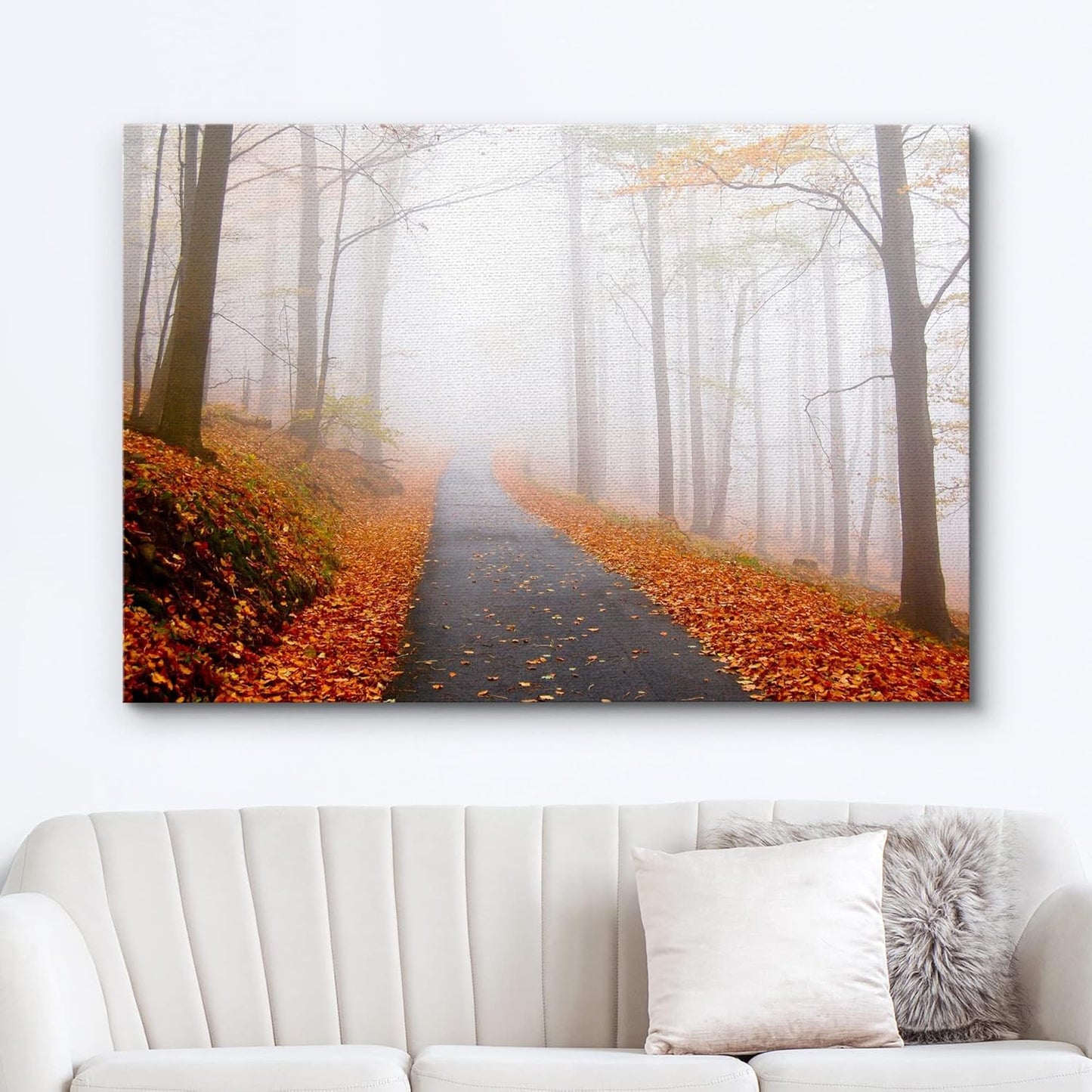wall26 Canvas Print Wall Art Foggy Autumn Forest Path with Orange Leaves Nature Wilderness Photography Modern Art Rustic Scenic Colorful Multicolor for Living Room, Bedroom, Office - 32"x48"