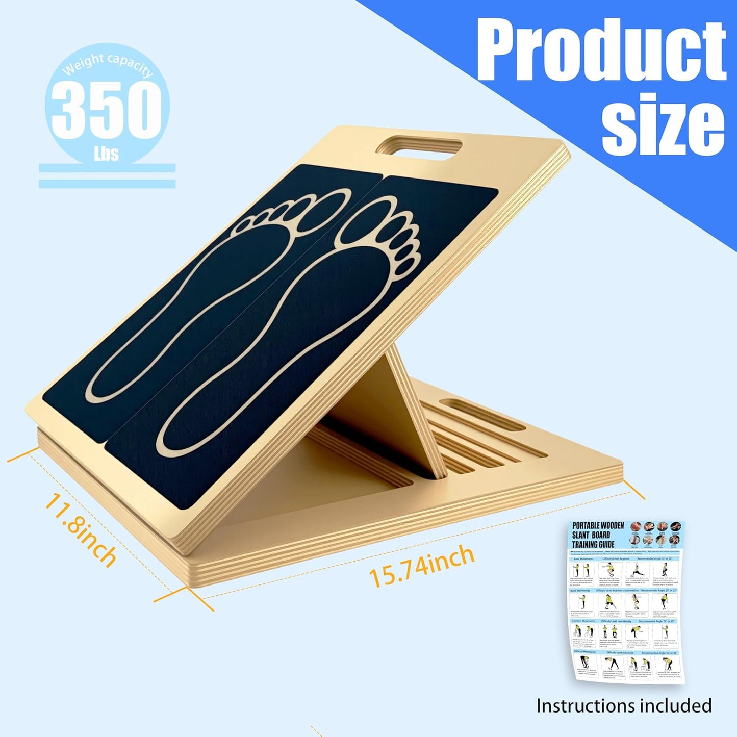 Slant Board for Calf Stretching, 6 Adjustable Angles Portable Wooden Incline Board, Calf Stretcher & Squat Wedge for Physical Therapy, Knees, Feet, Leg, Ankle, Heel, with Training Poster
