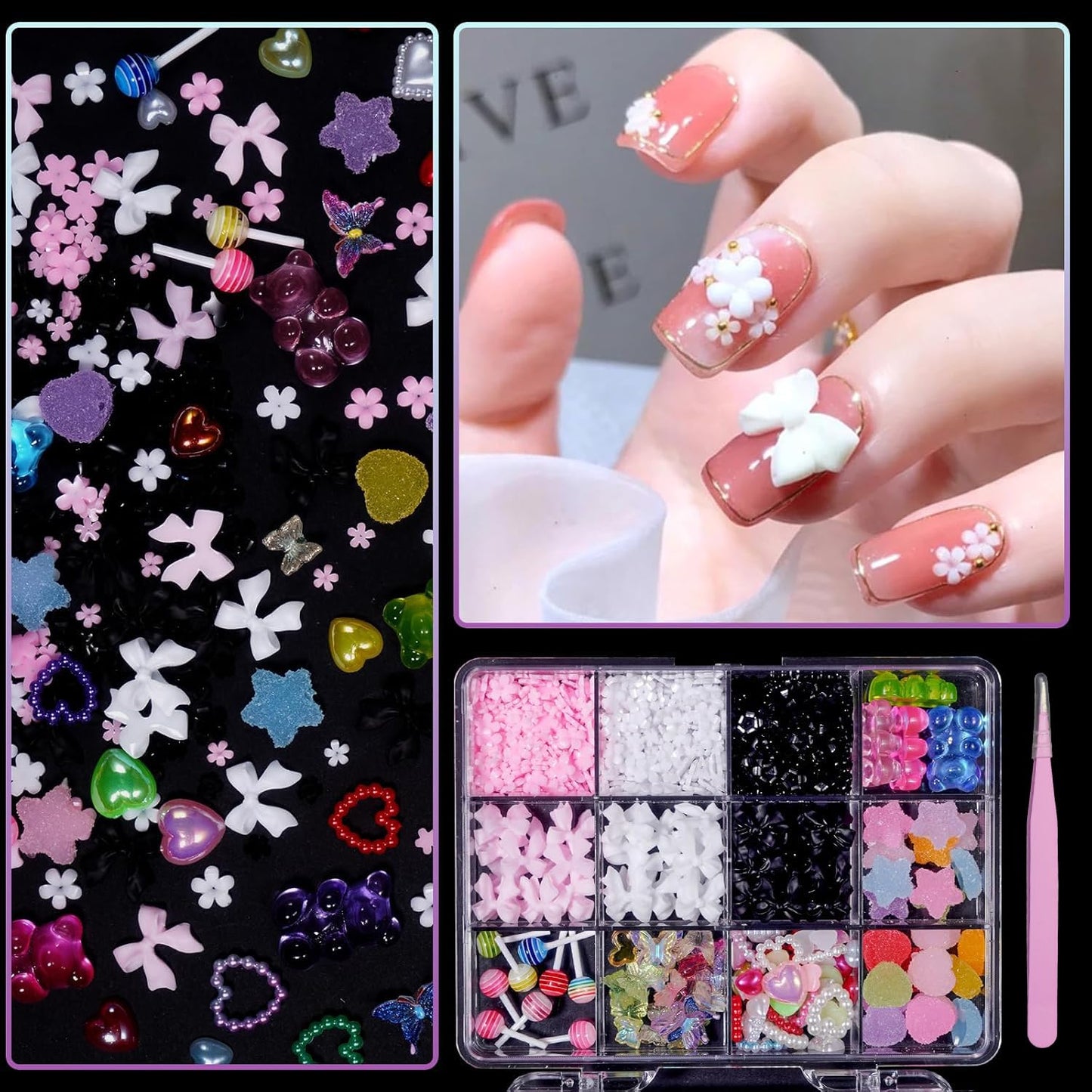 3D Pink White Black Assorted Bows Bears Pearls Nail Charms Heart Butterfly Blossom Flowers Bowknots Acrylic Nail Art Charms for