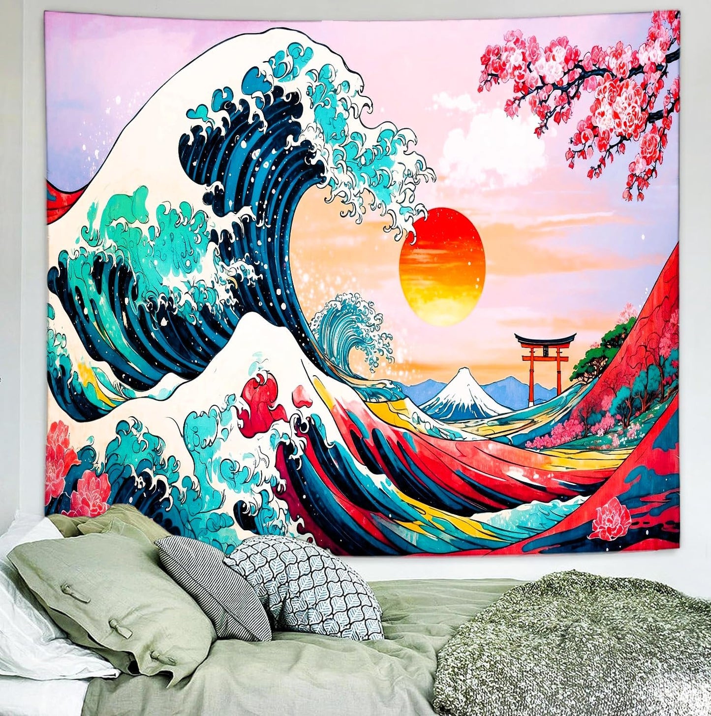 Delur Great Wave Tapestry Japanese Sunset Ocean Sea Wave Off Kanagawa Tapestry Wall Hanging Vintage Asian Anime Cherry Blossom Nature Headboard for Bedroom Living Room Home Decor (51.2" x 59.1")