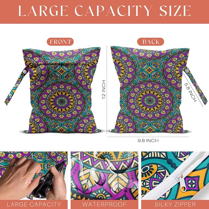 4 Pack Boho Mandala Floral Lover Gift Wet Bag Waterproof Washable Reusable Wet Dry Bag for Swimsuit Clothes Cloth Diaper Travel Pool Yoga Toiletries Gift for Women Sister Mama Birthday Christmas