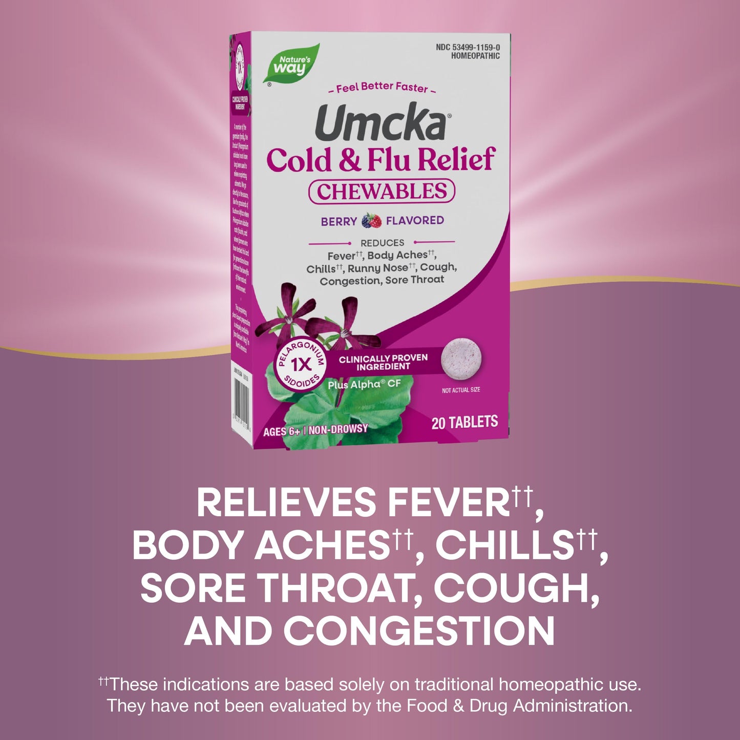 Nature's Way Cold+Flu Relief, Umcka, Shortens Duration and Reduces Severity, Multi-Symptom Relief, Homeopathic, Phenylephrine Free, Non-Drowsy, Berry Flavored, 20 Chewable Tablets (Packaging May Vary)