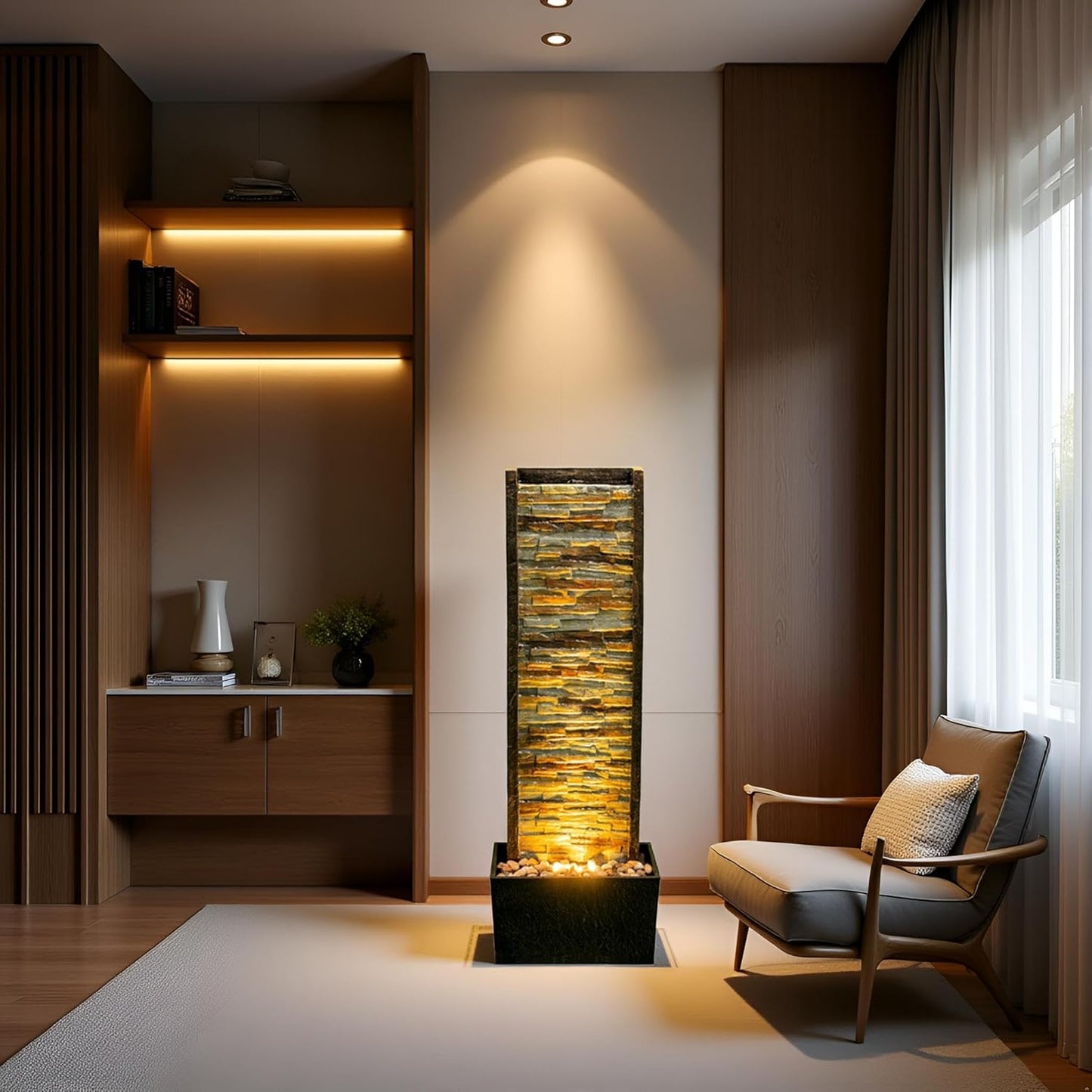 Cheng Pin Indoor Water Fountain -Staggered Stone Design,Create a Relaxing Ambiance and Decor Your Living Room,Office,Bedroom Or Outdoor Garden with Waterfall Water Feature and LED Lights,38in. Tall
