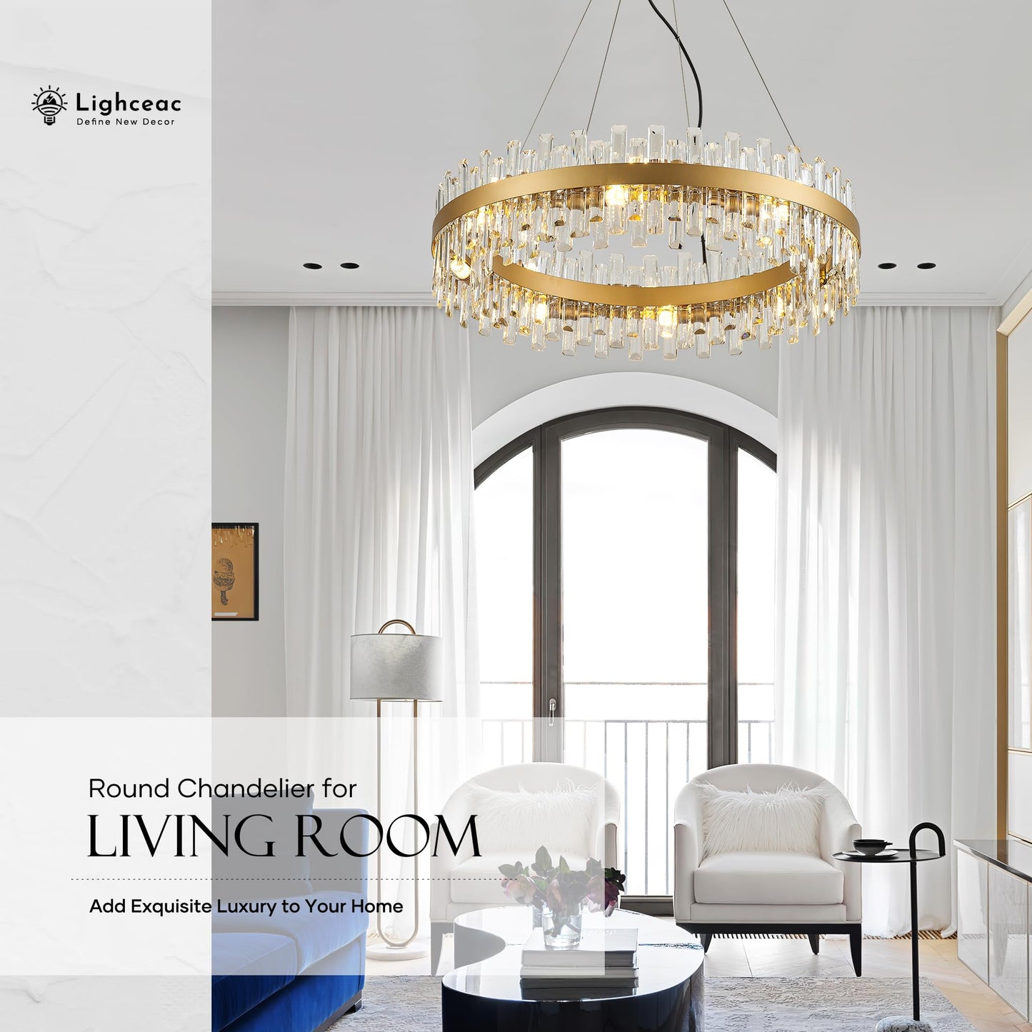 Lighceac 31.9 Gold Modern Crystal Chandelier Light Fixtures stylish 2 Rings Crystal Chandeliers For Dining Room 16-Light Round Hanging Pendant Lighting For Living Room Kitchen Island Entryway Bedroom