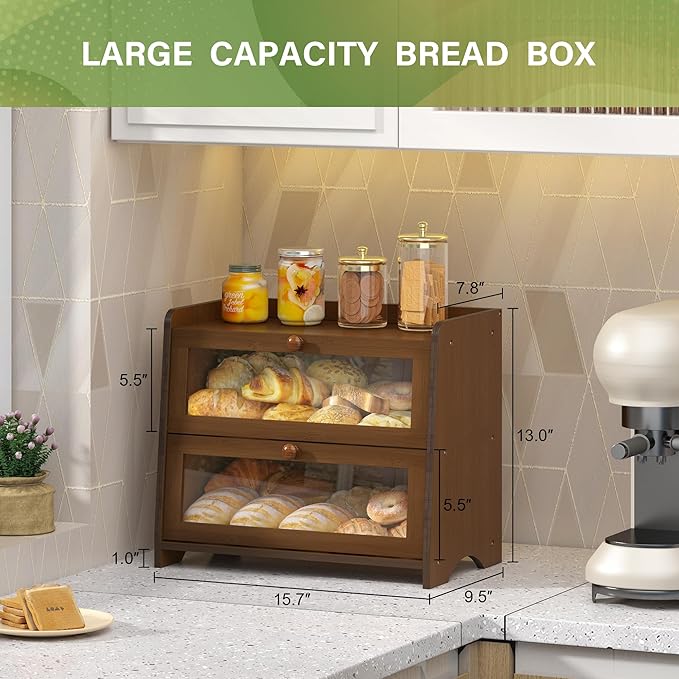 Vintage Double Layer Bread Box for Kitchen Countertop, Large Breadbox Bread Buddy with Acrylic Door, Wooden Farmhouse Bread Holder (Brown)